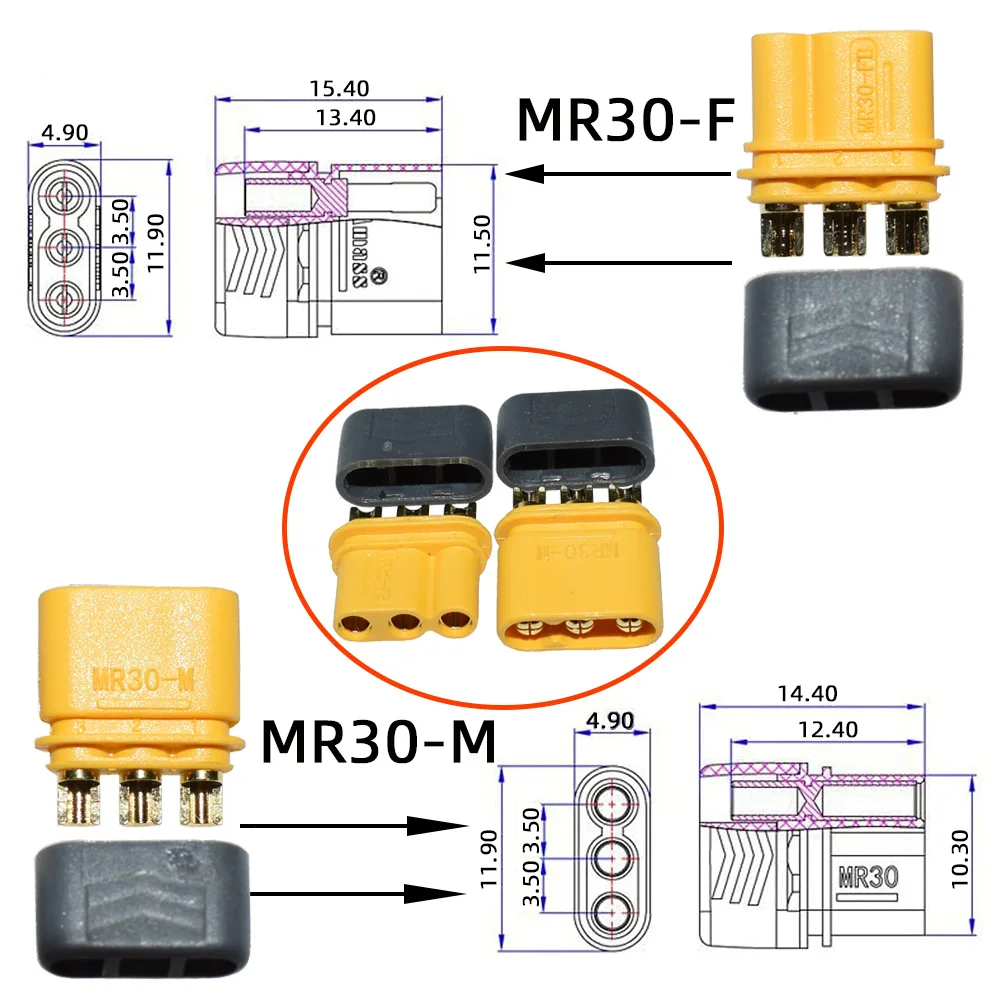 Amass MR30 Male MR30 Female Connector plug with sheath High current three-pin straight head connector for RC drones ACCS