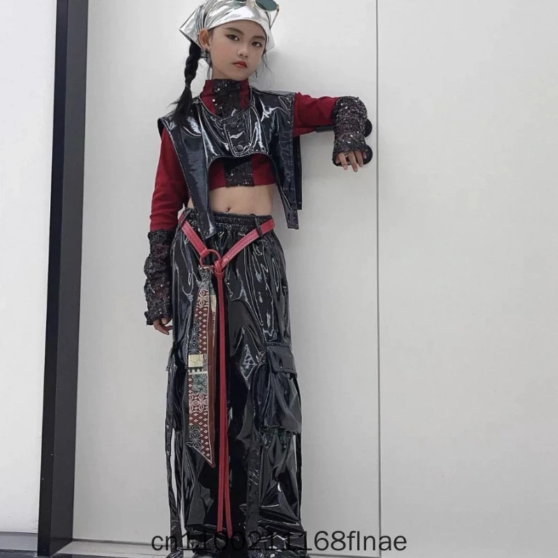 children's-jazz-dance-costume-with-exposed-navel-black-and-red-sequined-leather-pants-set-girls'-jazz-street-dance-performance