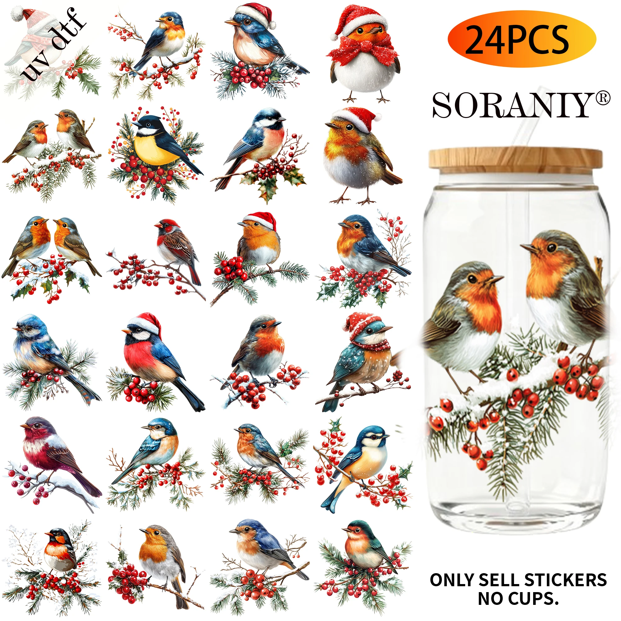 UV DTF Transfer Stickers - 24Pcs/Set Winter Birds Christmas Theme UV DTF 16OZ DIY Transfer Stickers