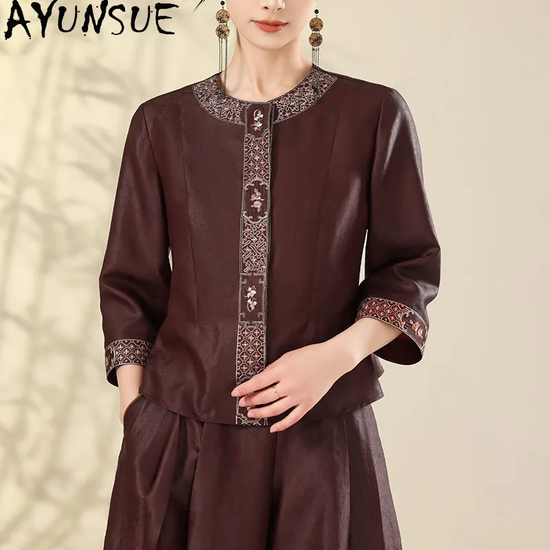 AYUNSUE 100% Real Mulberry Silk Woman Tops Xiangyunsha Chinese Style Autumn Clothes Embroidered Women Coats 2026 Casaco Feminino