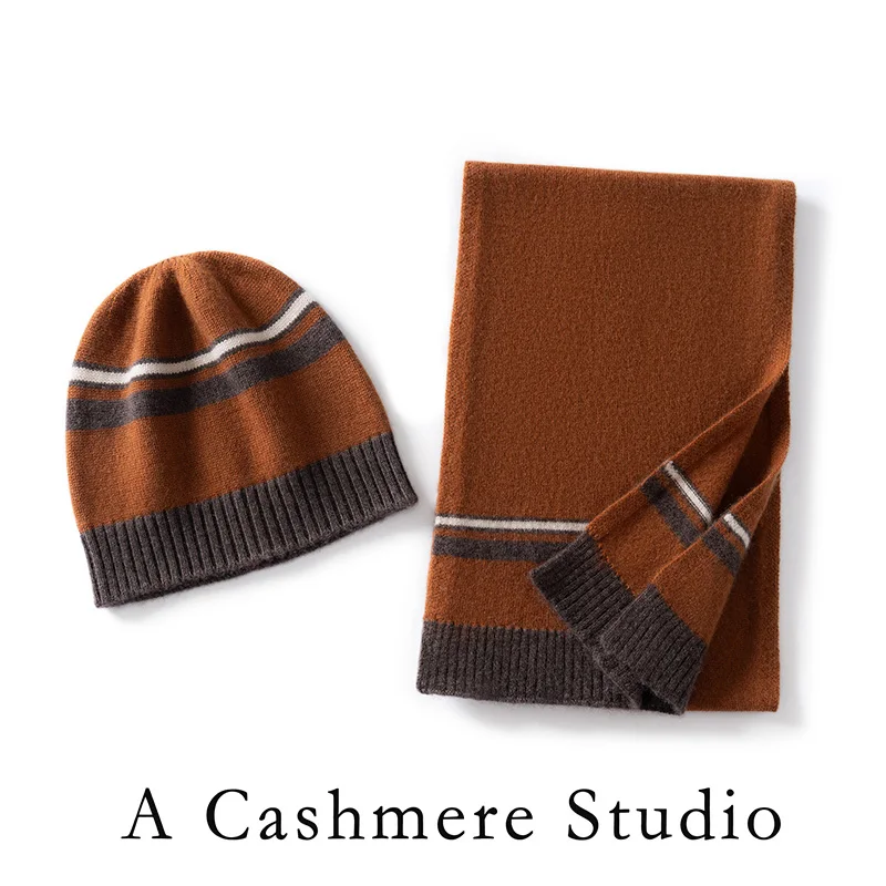 ADDONEE Women 100% Cashmere Caps Scarf Autumn Winter Striped Keep Warm Beanies Scarf Shawls Cashmere Knitwear
