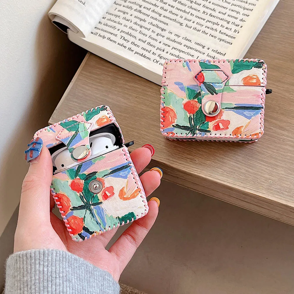 Art Flower Oil Painting Earphone Case For Apple Airpods 2 1 3 Air Pods Vintage Leather Cover For AirPod Pro Protection Box Shell