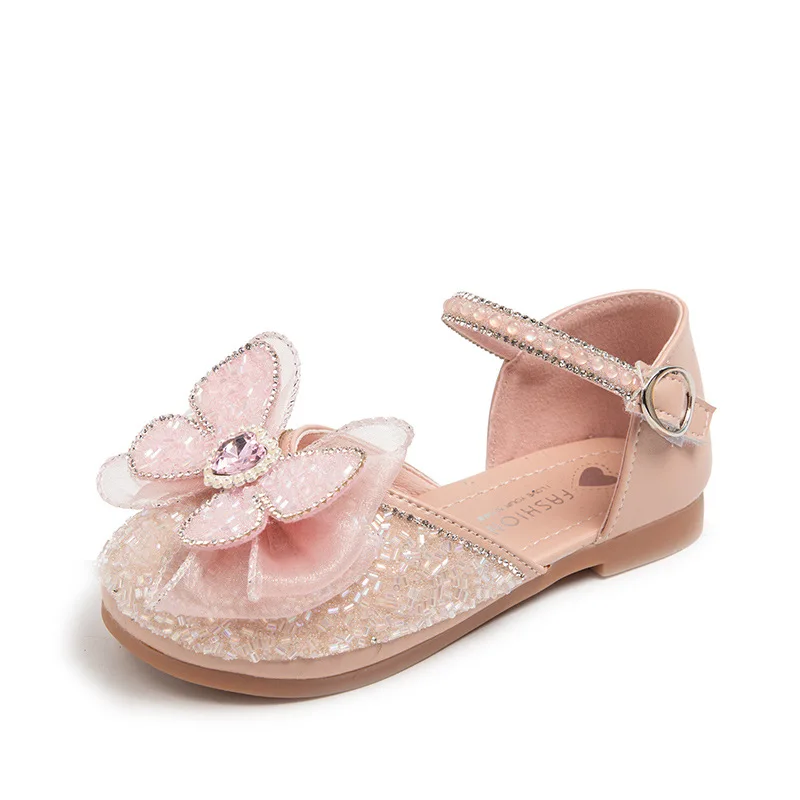 Novas meninas do verão princesa sapatos de couro moda strass bowtie feminino crianças sandálias tamanho 23-34