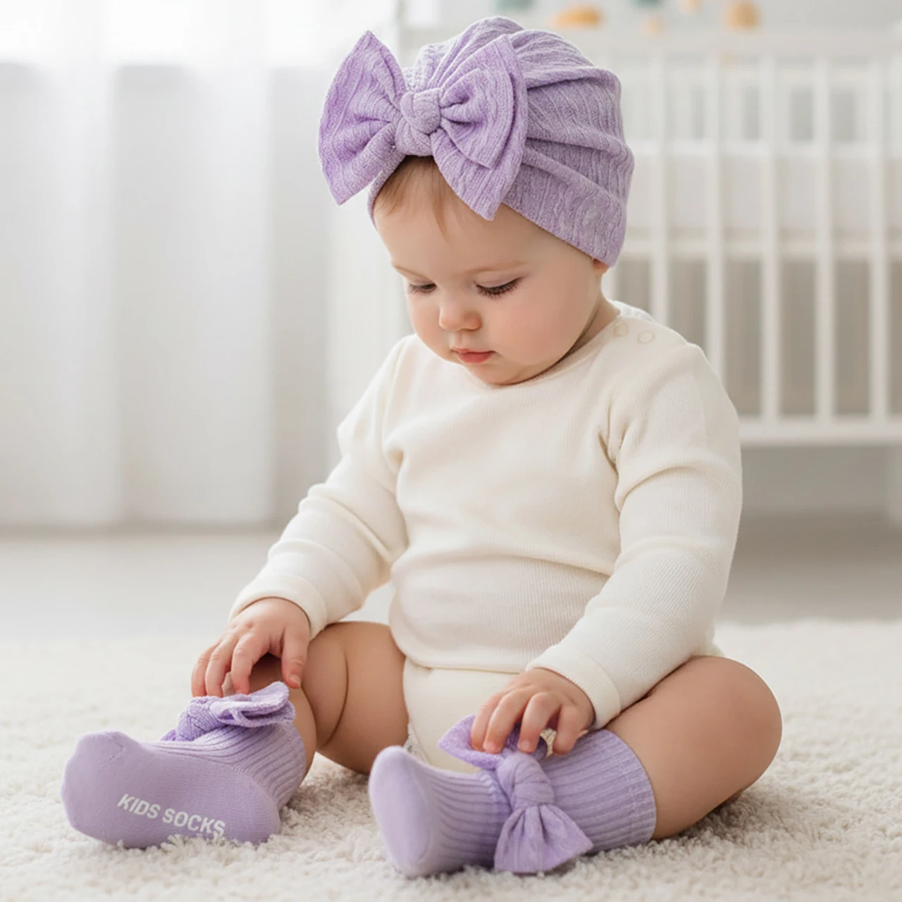 Baby Bow Turban Cap Socks Set Indoor Non-slip Long Stockings Newborn Headscarf Hat Solid Color Bowknot Cotton Sock 0-6Month Kids