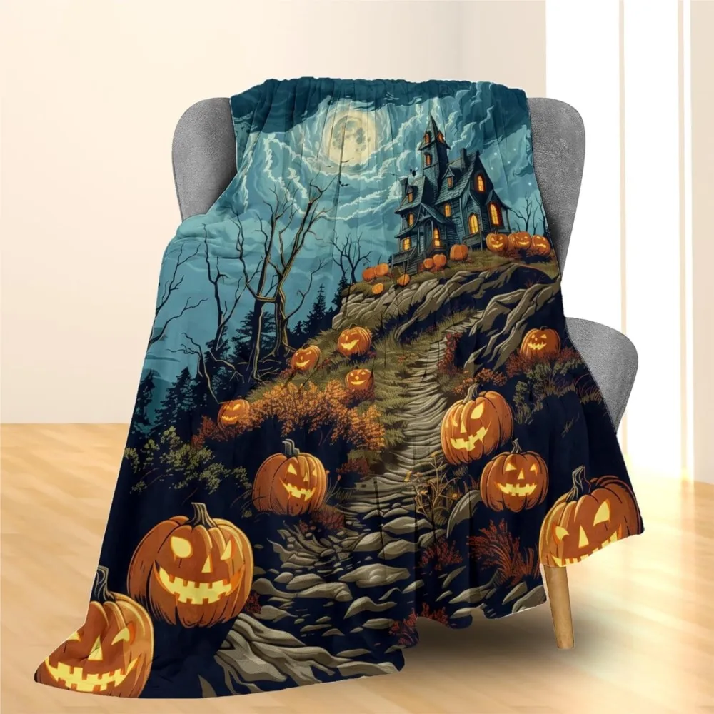 1PC Halloween Throw Blanket Pumpkin Skull Castle Bats Cats Crow Thin Blanket Gifts for Couch Bed Car Home Camping all season use