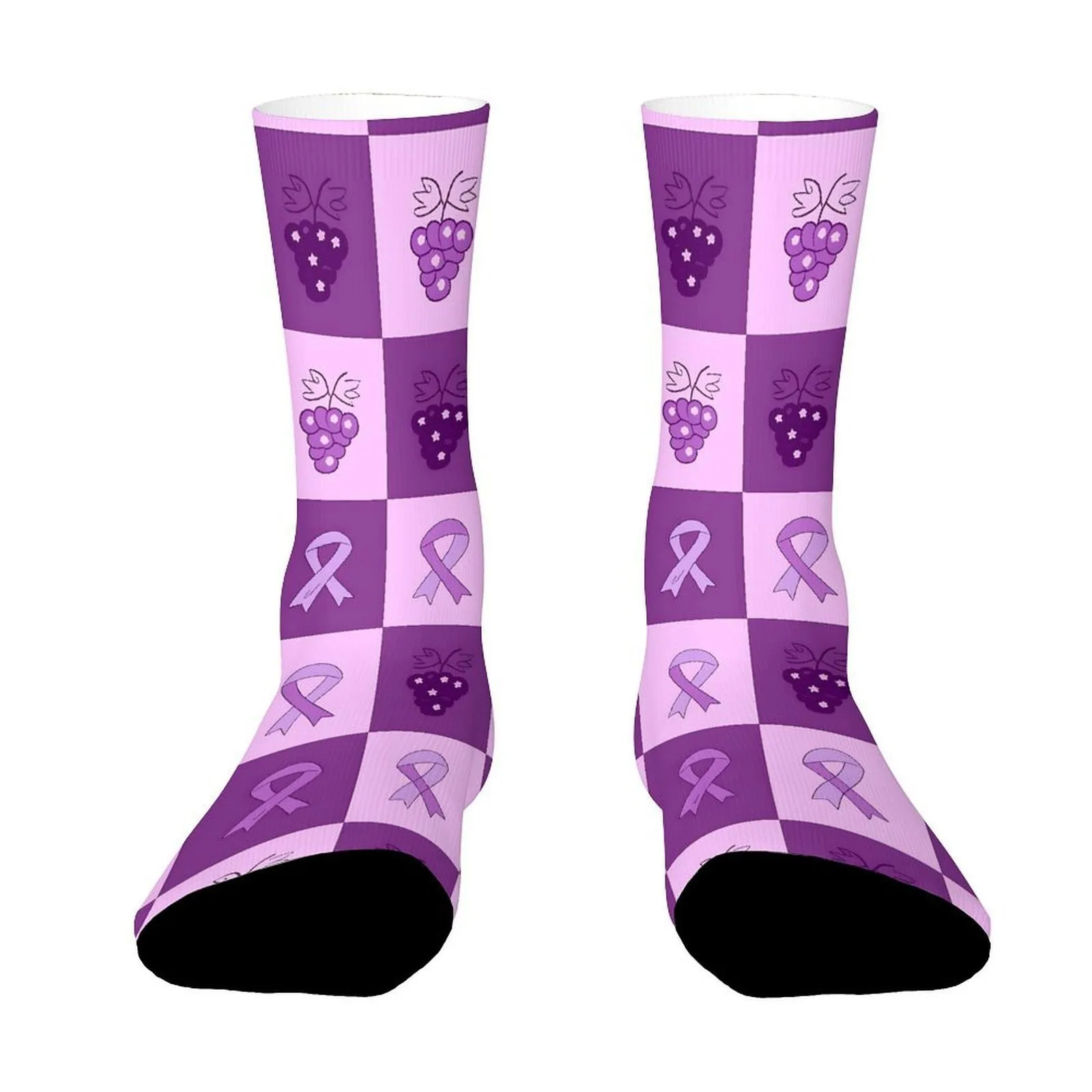 Grape Ribbon Pattern Mid-calf Socks Unisex Breast Cancer Awareness Socks for Outdoor Sports Daily Wear