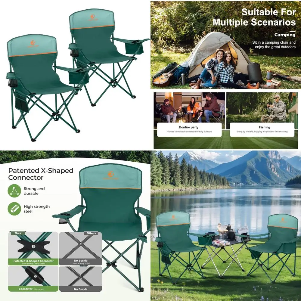 

Camping Chair 2 Pack Folding Chair with 3-Can Cooler Bag Portable Lawn Chair with Cup Holder,Storage Pocket, Supports 225LBS, Co