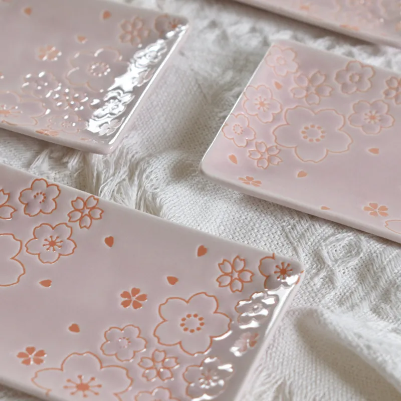 Japanese sakura relief rectangular ceramic plate snack plate sushi Dim sum seasoning tableware jewelry plate trays decorative