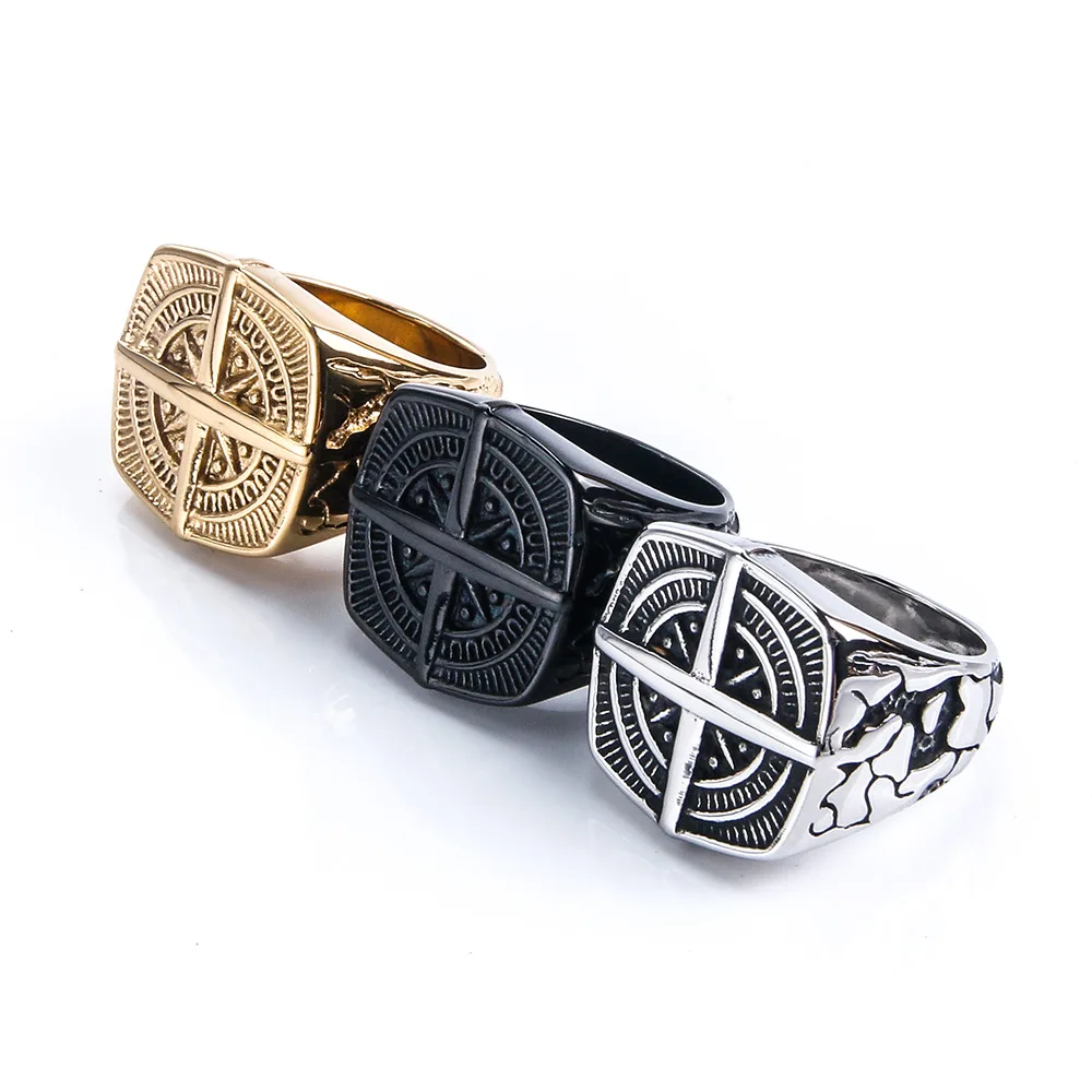 Chunky Round Compass Ring for Men Vintage Gold Color Stainless Steel Finger Rings Hip Hop Jewelry Wholesale Cool Boys Gifts