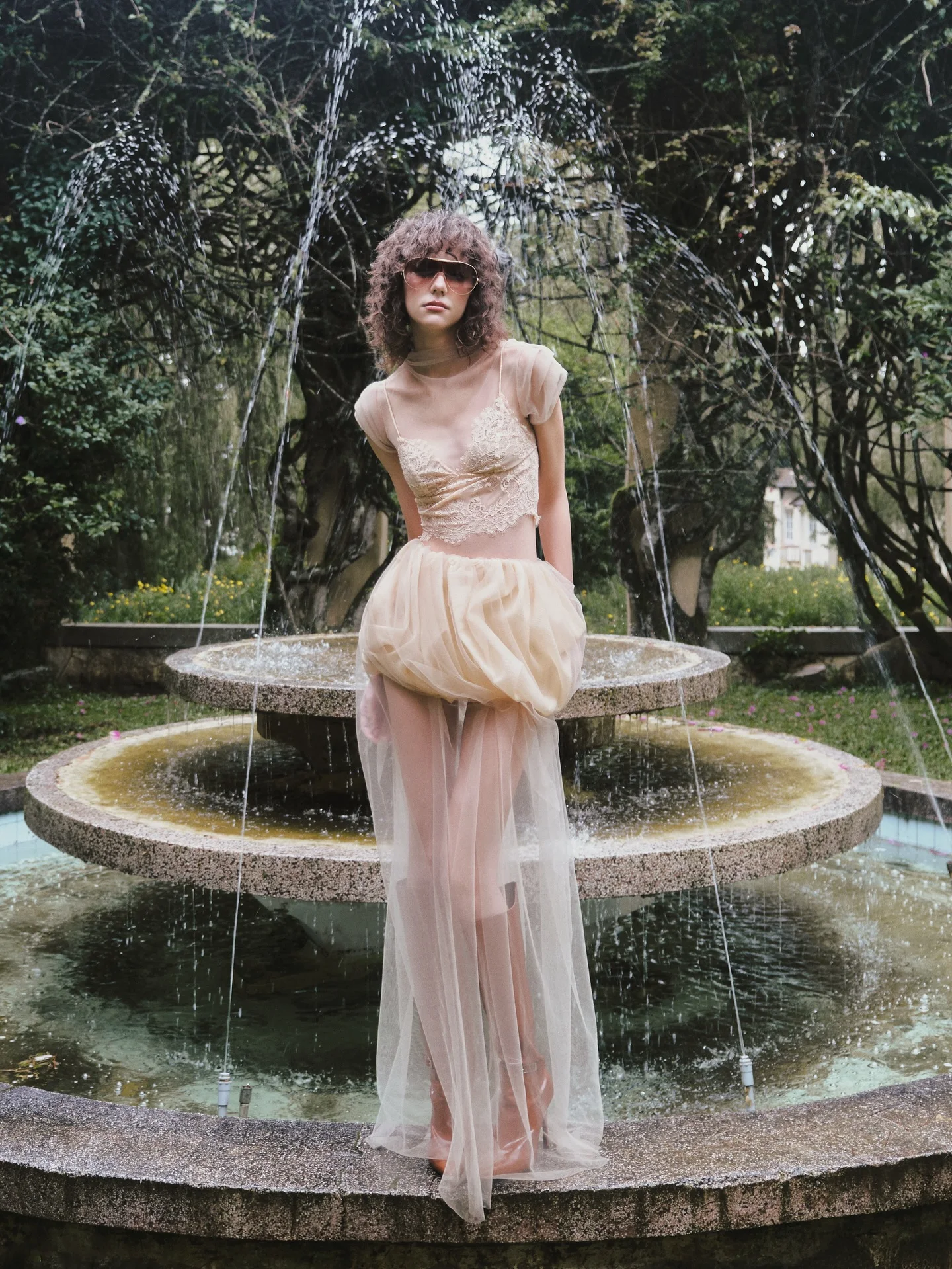 

Light Beige Tulle A-Line Mini Skirt with Long Train, Pleated Sheer Summer Party Skirts Elastic Waist, 2025 New Custom Made Skirt