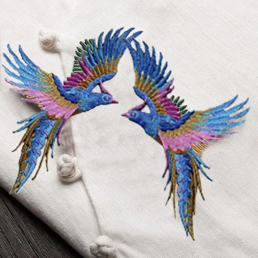1 pair Phoenix Bird Embroidered Applique Self-adhesive Iron on Cloth Patches DIY Exquisite Clothes Sticker Bag Decoration