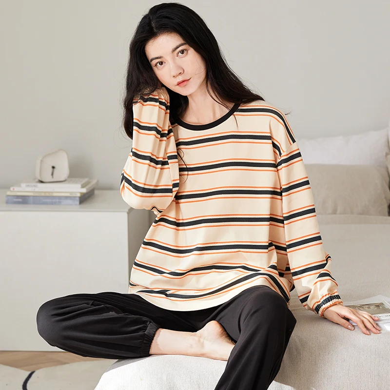 High Quality Spring And Autumn 100% Cotton Striped Pyjamas Women Long Sleeve Casual Pajamas Set