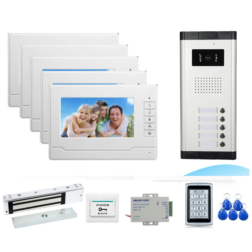 7 inch HD Color Video Door Phone Doorbell Intercom System + RFID Access Control Camera for 2/3/4/5 Multi /Family Apartment