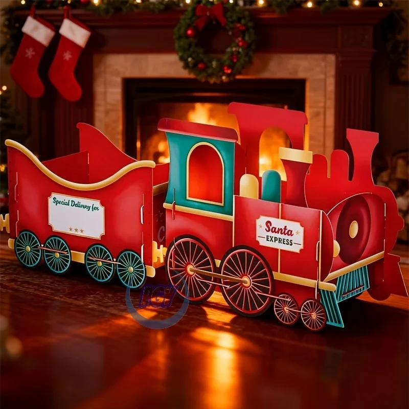 PGY Christmas Presents Trains Storage Box Santa Express Train with Red Gold Locomotive Candy Snacks Gifts Holder Christmas Decor