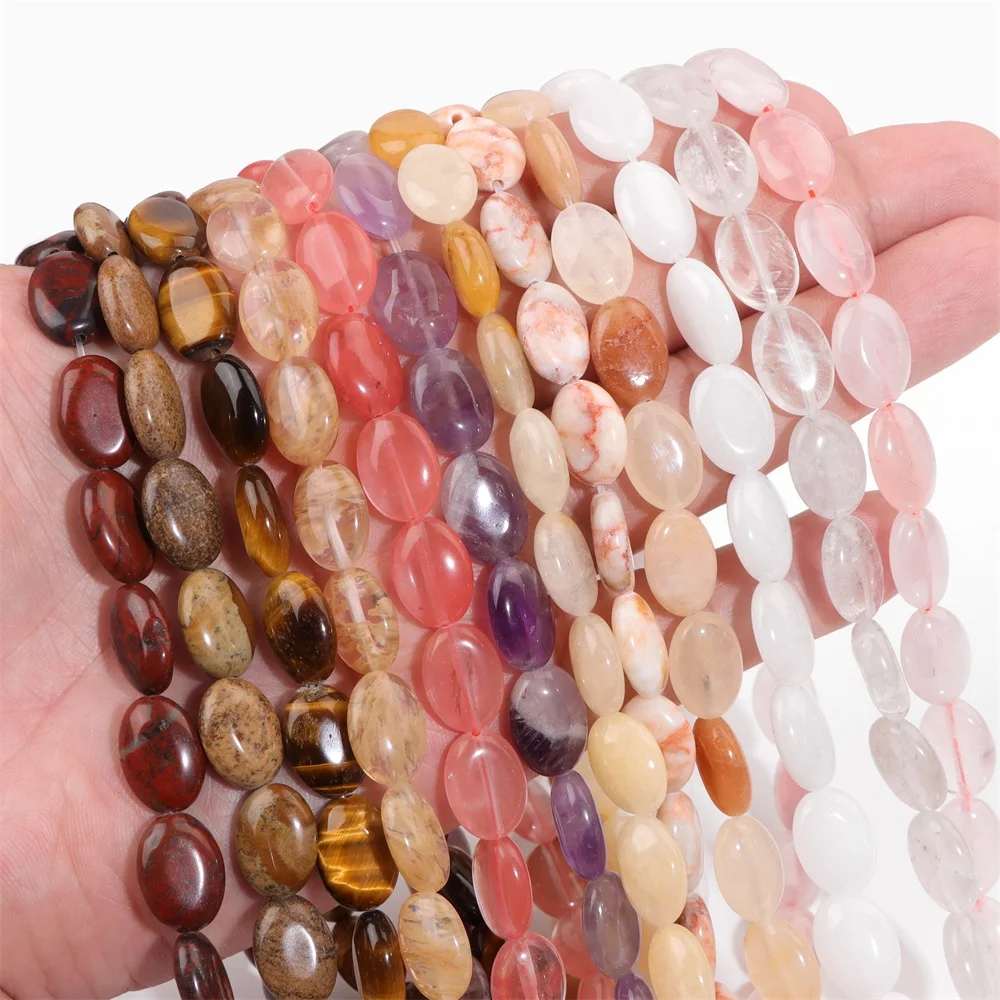 Natural Oval Shape Gemstones Bead Clear Quartzs Amethysts Tiger Eye Loose Spacer Beads For Jewelry Making DIY Accessories Supply