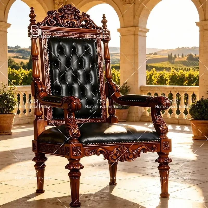 American Leather Leisure Chair European Carved Single Sofa High Back Armchair Book Reading Chair for Villa Living Room Decor