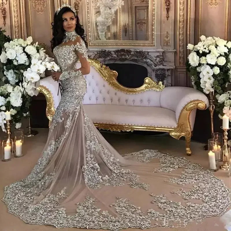 Customized Dubai Arabic Luxury Sparkly Wedding Dresses Sexy Bling Beaded Lace Applique High Illusion Long Sleeves Mermaid Chape