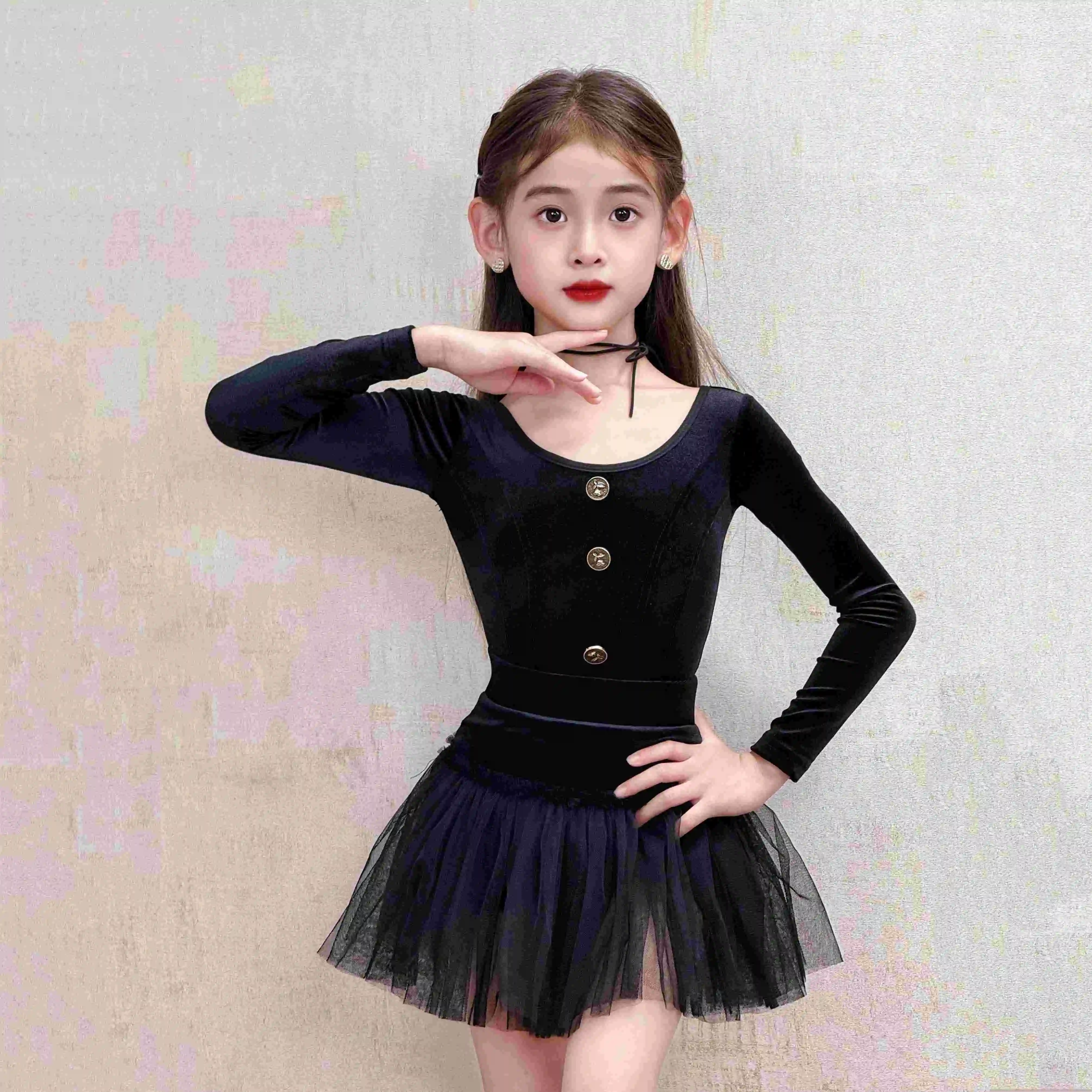 女の子ラテンダンス衣装長袖トップス糸チュチュスカート女の子トレーニング練習ダンスウェアルンバチャチャダンスドレス