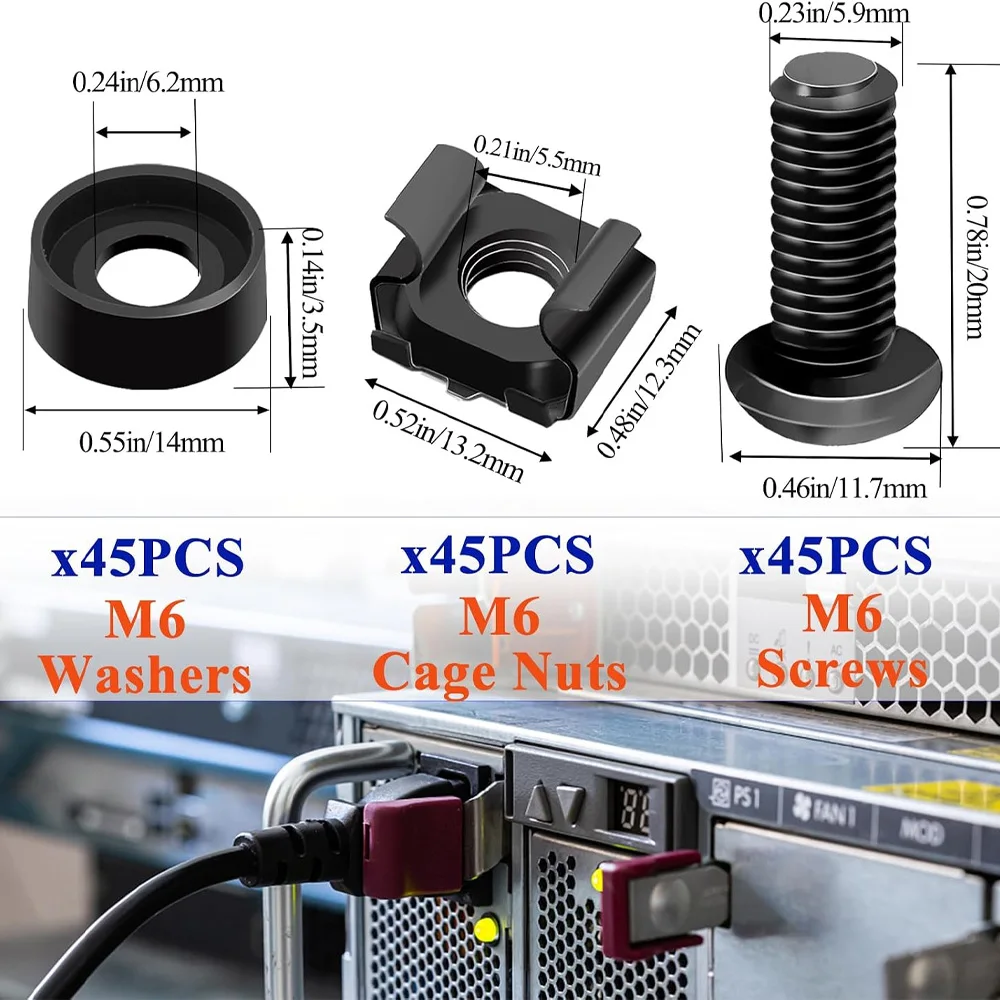 135PCS M6 x 16mm Server Rack Screws and Cage Nuts Set, Black M6 Rack Mount Screws Kit with Washers for 19