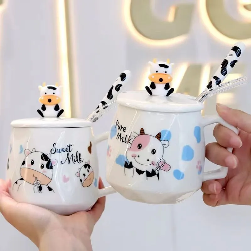 Ceramic Cute Cow Mug Coffee Cups Lids Spoons Children\'s Large-capacity Water Office Milk New Product Creative Home Drinkware