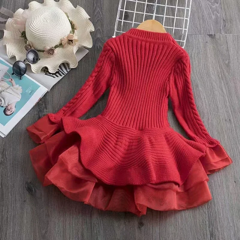 Long Sleeve Girls Winter Dress For 3-7 Years 2024 New Knitted Sweater Outfits Red Christmas Party Dress for Girls Kids Costume