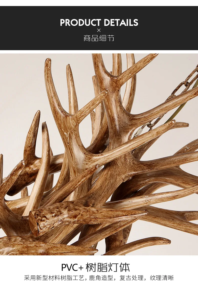 AmericanStyle Vintage Chandelier Resin Deer Horn Antler Ceiling Light Pendant Lamp for Restaurant Bedroom Living Room Home Decor