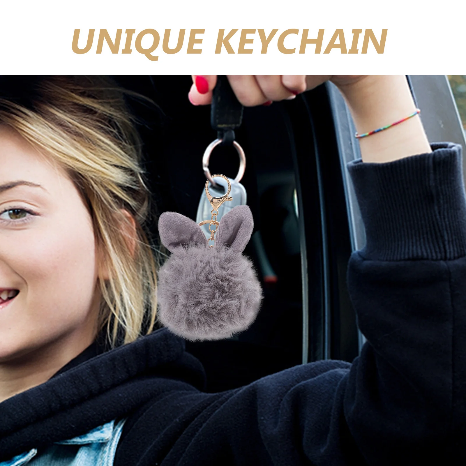 Breloczek z króliczymi uszkami i pomponem 10-12 cm szary zawieszka do kluczy dla kobiet dziewcząt ozdoba do torby dekoracja kluczyków samochodowych prezent akcesorium wisiorek