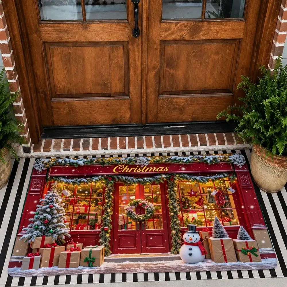 Christmas Gift Tree Indoor Views Floor Mat Flannel Rug Non Slip Absorbent Soft Washable For Entryway Bathroom Kitchen Decor