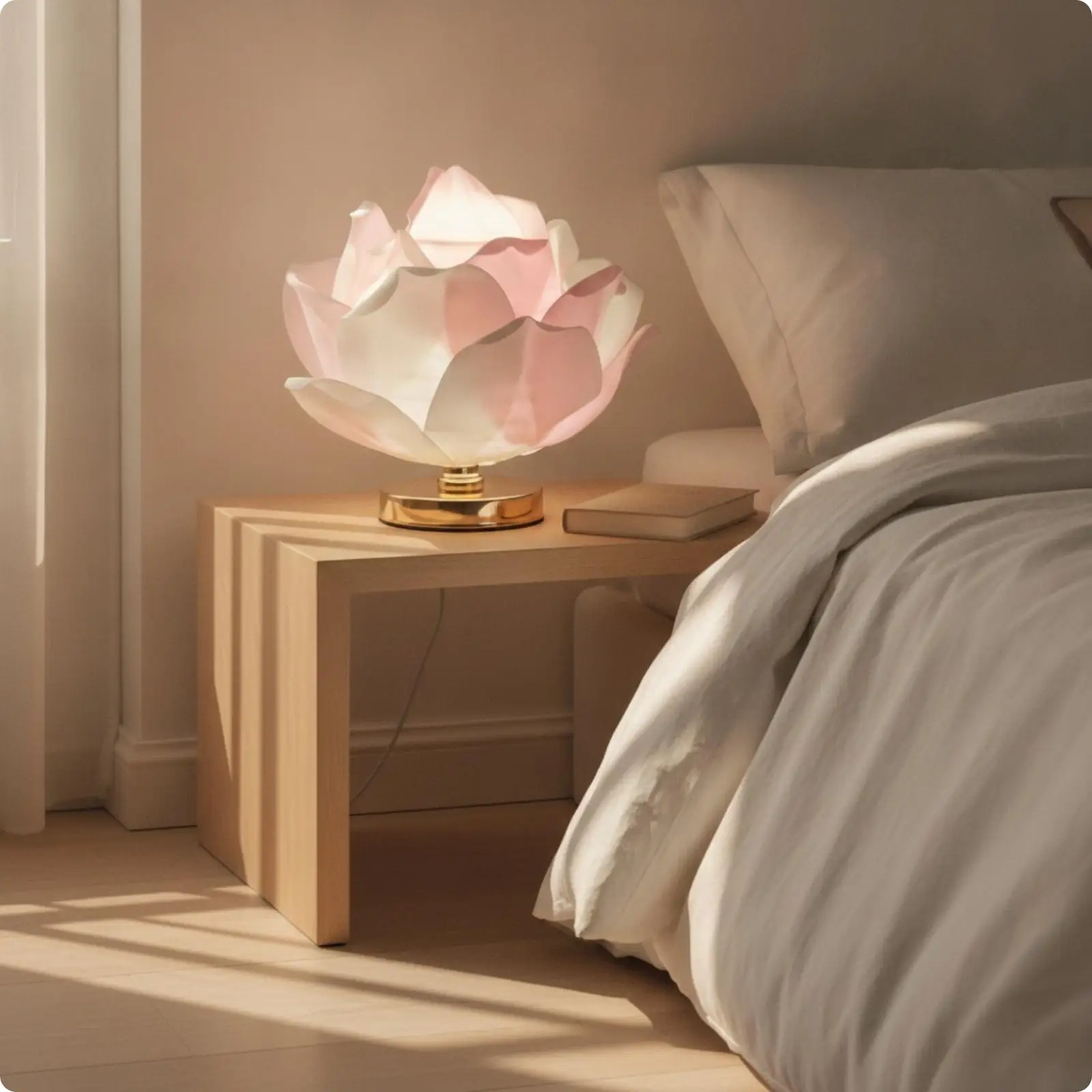 Flower Design Bedside Table Lamp with Translucent Petal Shade and Round Mirror Base Warm Glow for Vanity Desk