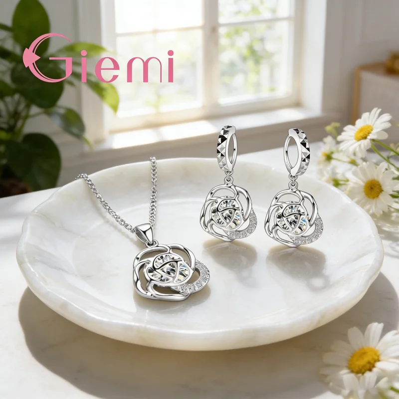 

Изысканные наборы украшений из австрийского хрусталя в форме цветка: кулоны, ожерелья, серьги для женщин, для вечеринок, из серебра 925 пробы.