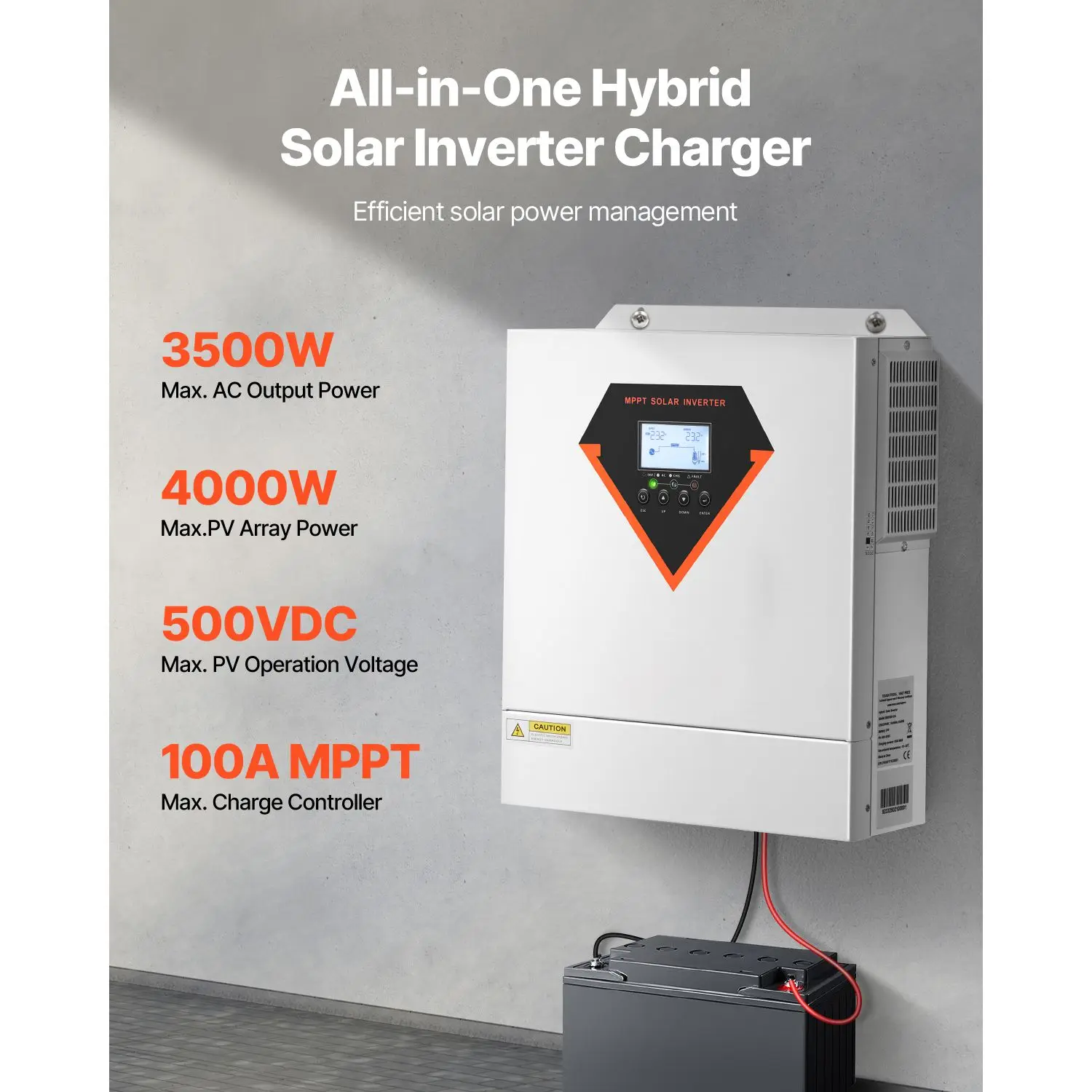 Hybrid Solar Inverter, 3500W, All in One Pure Sine Wave Power Inverter Charger, 24V DC to Single-Phase 220/230V AC, with