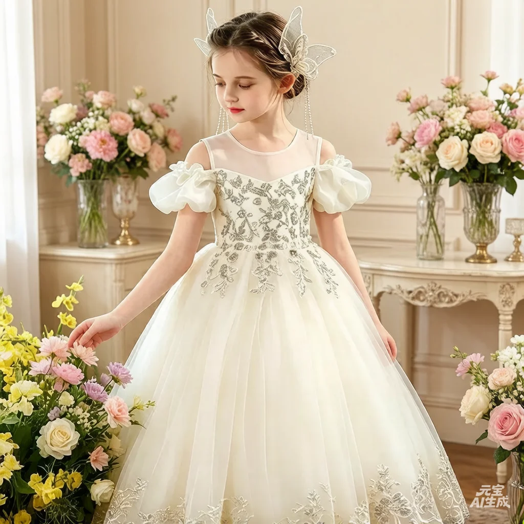 Girls' Princess Birthday Dress Children's Host Flower Girl Wedding Dress Small Girl Piano Performance Outfit