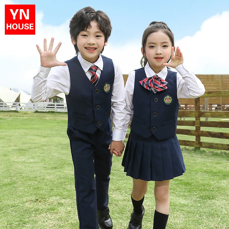 British Style Kids Formal Dress Suit Set - Boys Vest Pants & Girls Waistcoat Skirts Student School Uniform Clothes for Toddlers