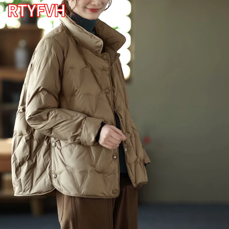 Jaket Puffer pendek kasual wanita, jaket tebal pendek hangat Ultra ringan musim dingin 2024, Single Breasted longgar 90% untuk wanita