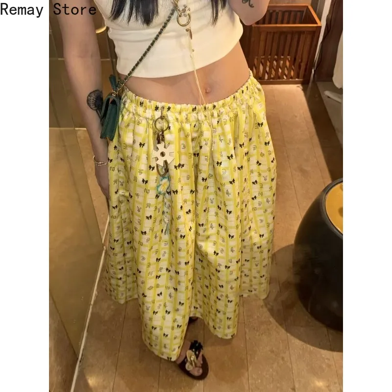 Japanese Sweet Elastic Waist Plaid Print A Line Skirt Women Yellow Bow Pattern Long Skirt Kawaii Casual Korean Fashion Y2k Skirt