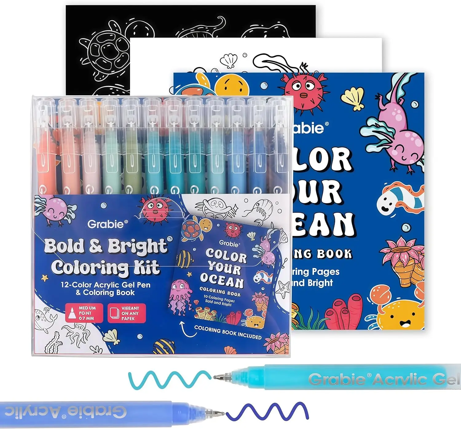

12 Colors Acrylic Gel Pens & Coloring Book, Medium Point for Drawing, Note Taking, Bold Bright Ocean Kit