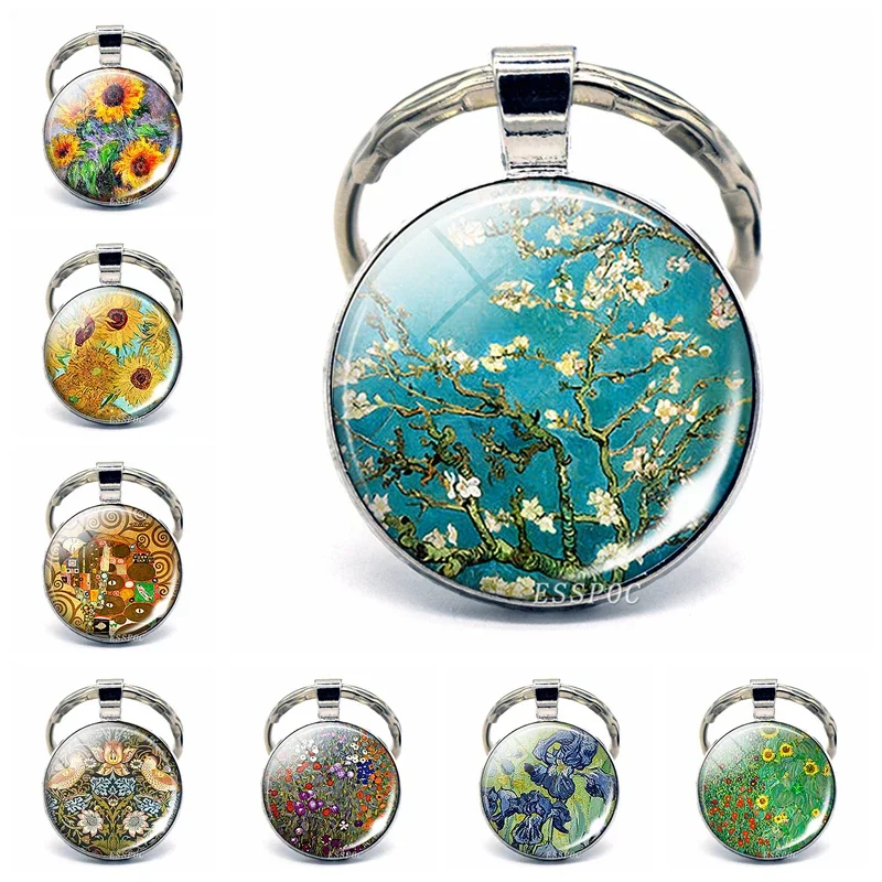 Almond Branch in Bloom Van Gogh Art Keychain Keyring Glass Cabochon Jewelry Metal Van Gogh Key Chain Ring Fashion Gift