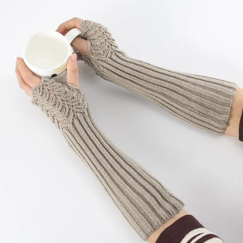 Unisex Soft Knitted Fish Scale Texture Fingerless Gloves with Medium Long Wool Sleeves Thermal Warm for Autumn Winter Use