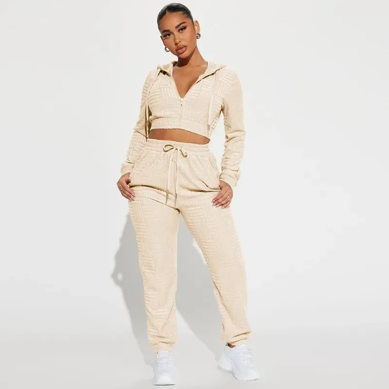 Towel Jacquard Casual Sporty 2 Piece Set Women Autumn Winter Tracksuits Zipper Long Sleeve Hooded Sweatshirts Crop Tops + Pants