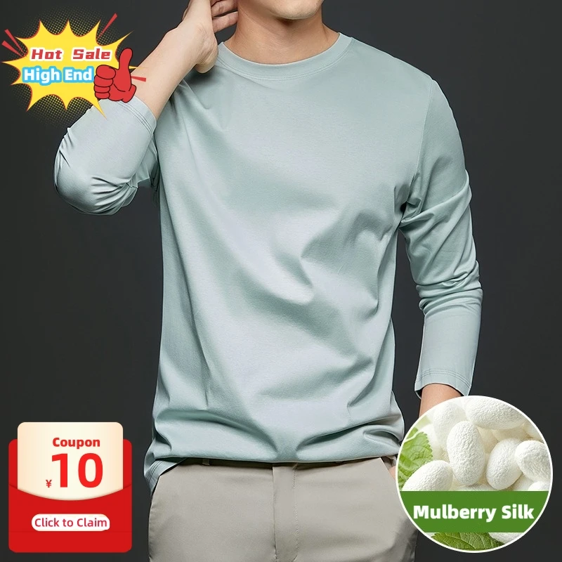 Light Luxurious Mulberry Silk T-shirts Elastic High End Long Sleeve Quality T Shirts Antistatic Comfortable Base Layer Tee Tops