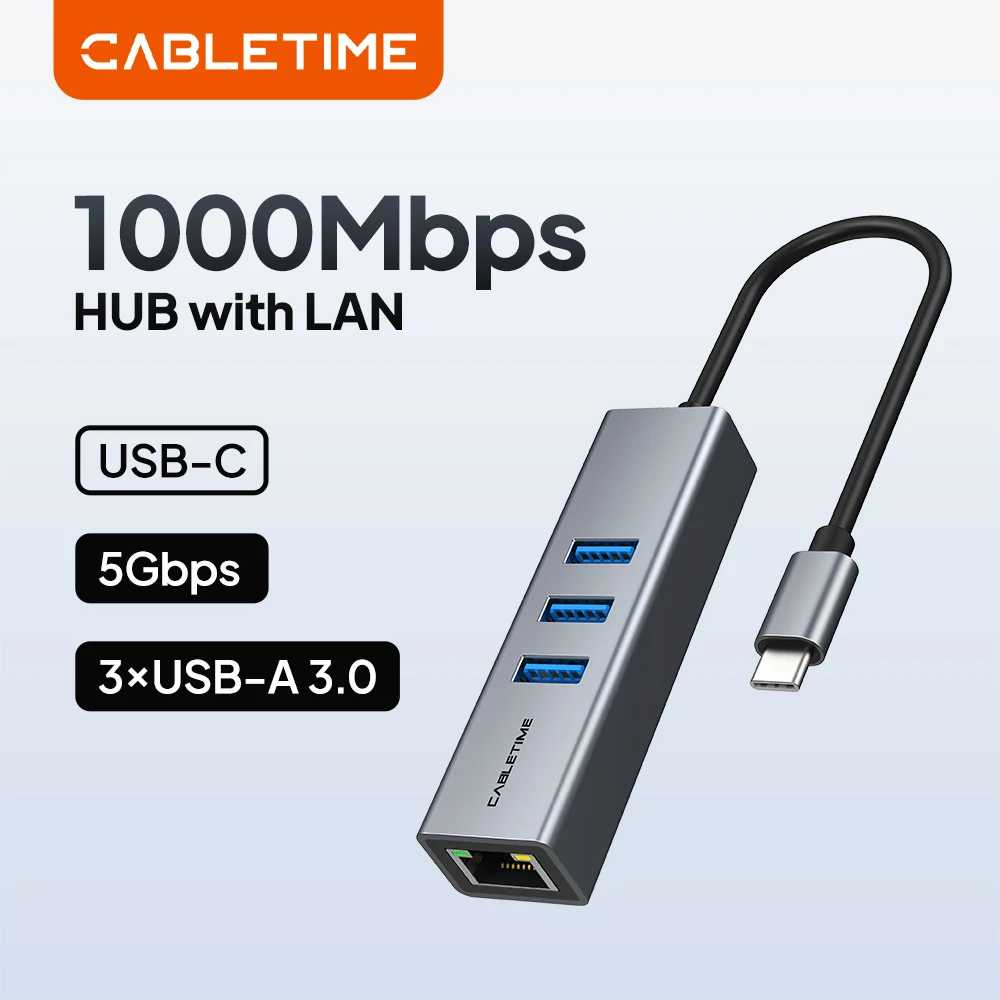

Кабельный USB-C адаптер Gigabit Ethernet CABLETIME, сетевая карта RJ45 1000 Мбит/с с 3-портовым USB-C хабом для MacBook и ноутбуков