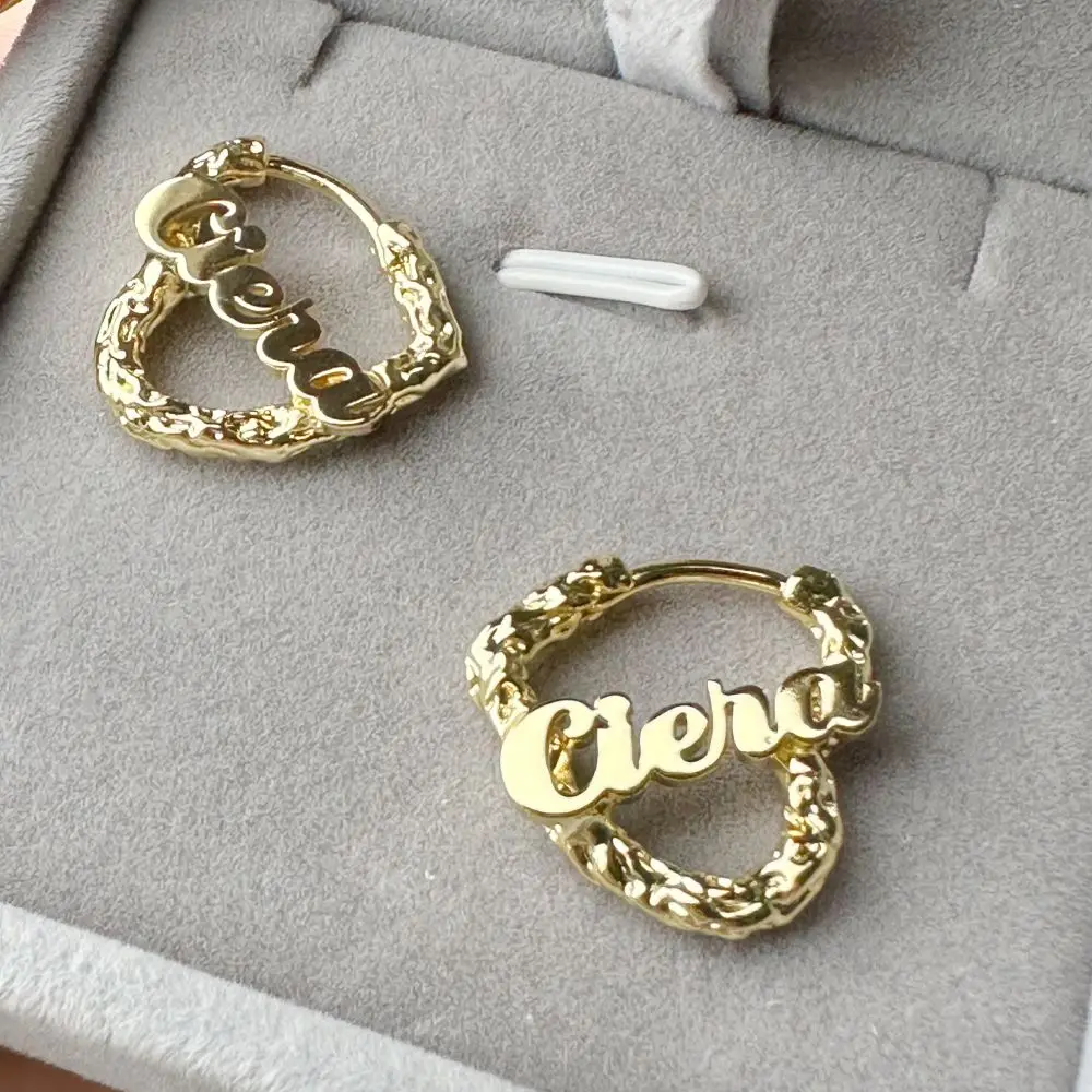 2023 Custom 18mm Cute Name Earring For Girl Personalized Heart Hoop Earring For Children Kids Jewelry Gifts