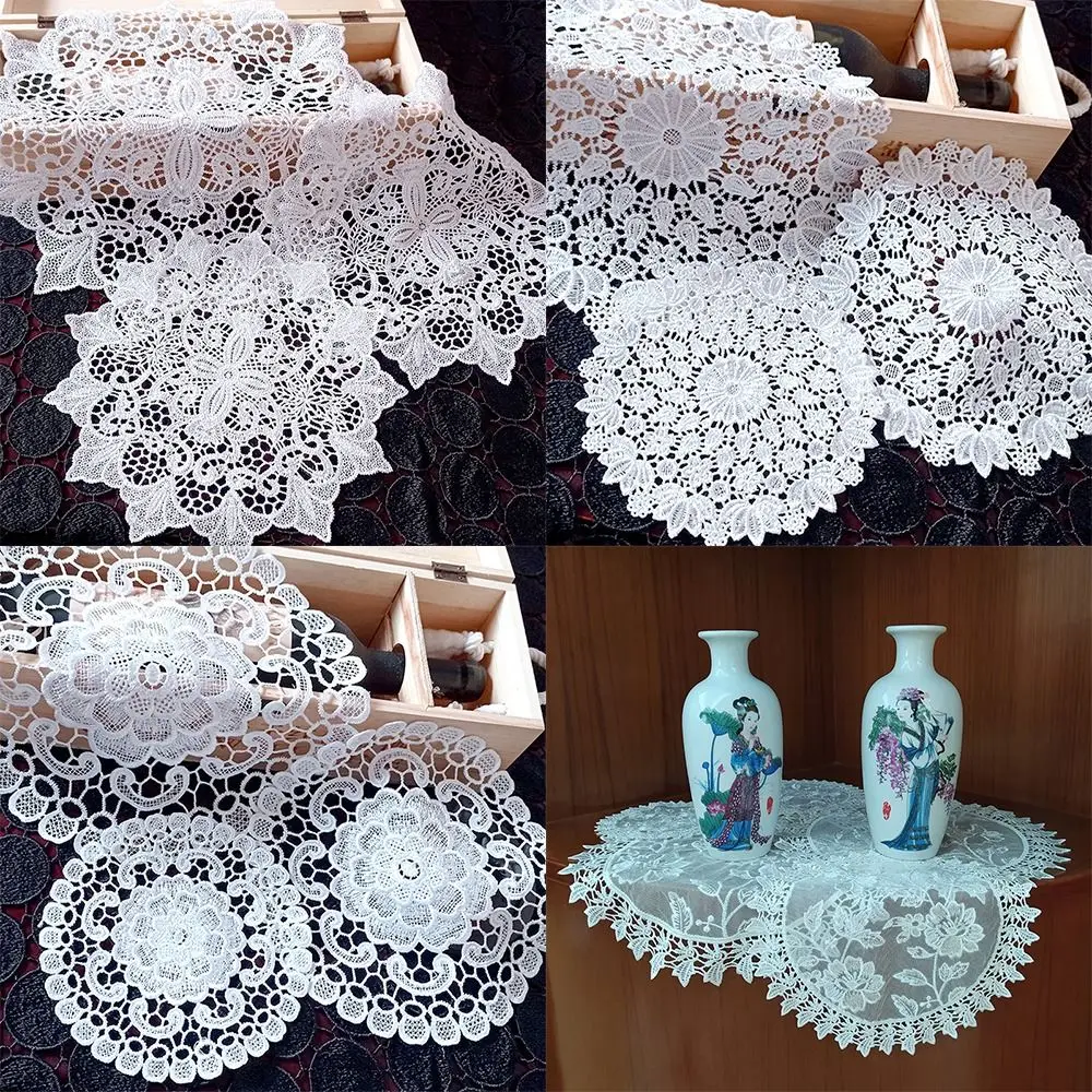 Ornament Prop Lace Embroidery Table Cloth White Hollow Coffee Coaster Round Tea Pad Mat Table Doily Christmas Home Decor