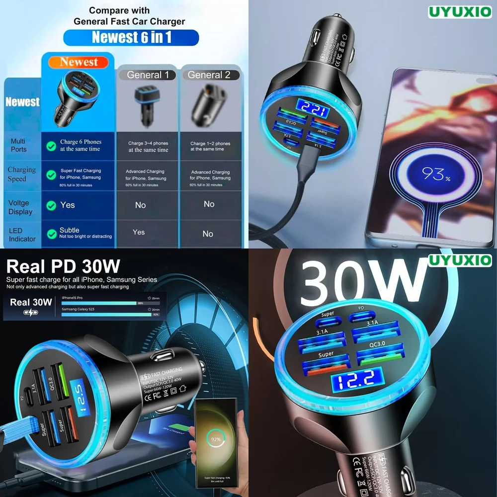PD 30W for iPhone 17 16 15 14 Pro Max Plus Car Charger Smart IC Chip 6 Ports LED Digital Display Fast Charging Plug Super Fast