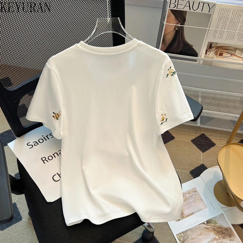 White New Chinese Style Embroidery Floral Button Up Cotton T Shirt Women 2024 Summer Vintage O-Neck Short Sleeve Tops Female Tee