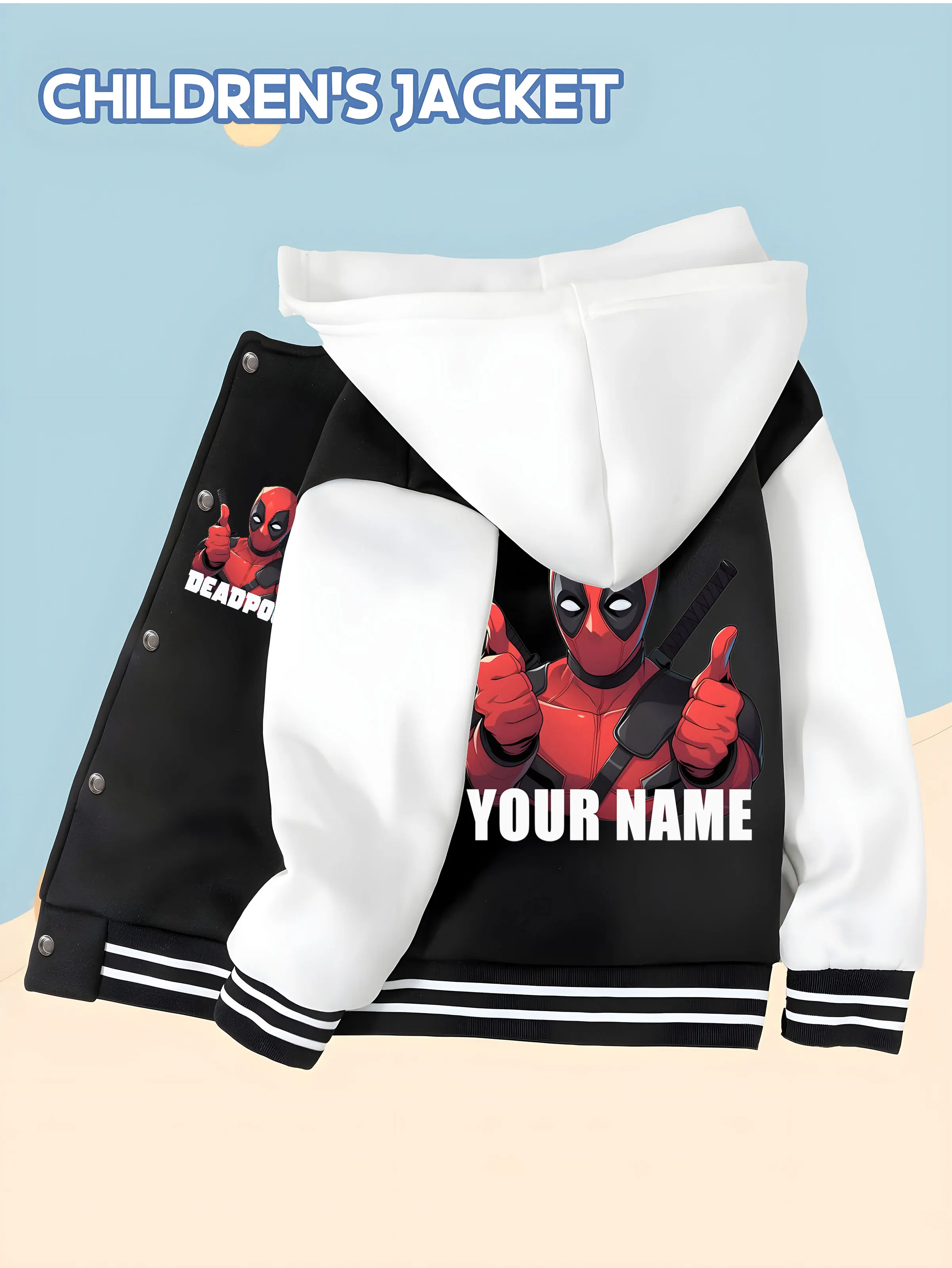 سترة بيسبول MINISO Marvel Boys - طباعة صورة ممتعة من Deadpool، أسلوب حيوي، مثالية لملابس الربيع والخريف غير الرسمية، مناسبة