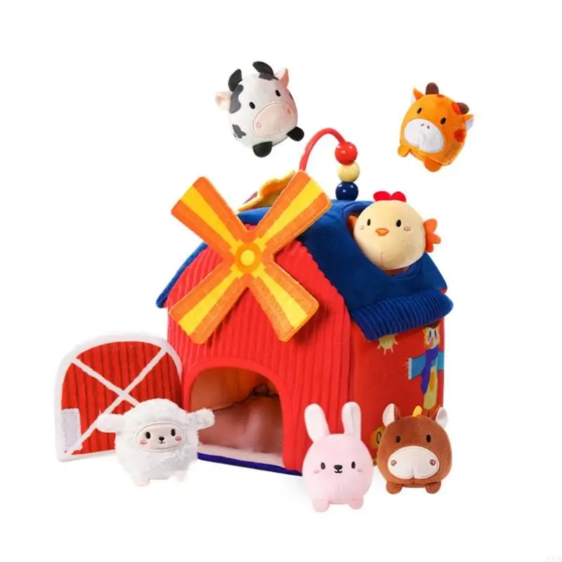 

Educational Baby Toy Set 7 Pieces Farm Theme Plush Rattles Including Mirror for Infant Developmental Play A2UB