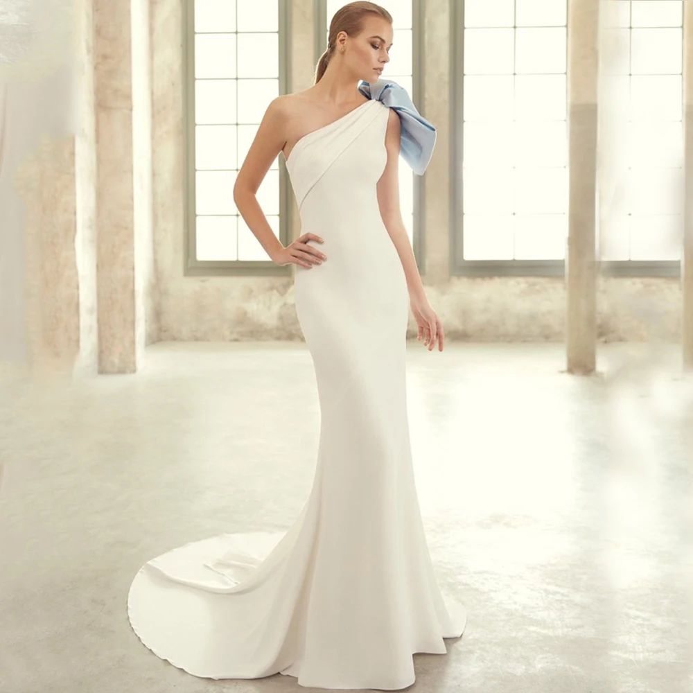 Elegante una spalla con fiocco abito da sposa da sposa senza maniche pieghettata lunghezza del pavimento sirena con strascico abiti da Boda 2023