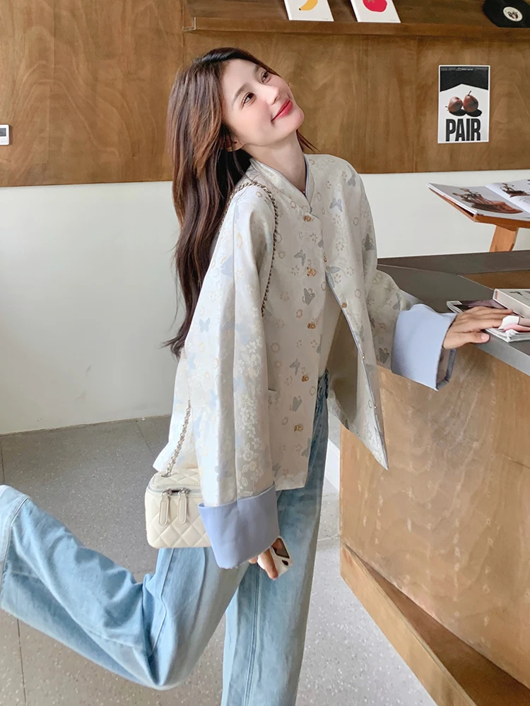 New Chinese Style Satin Print Patchwork Jacket Women's Fashion Anti-Aging Short Coat Top for Autumn 2026 Traditional Elegant