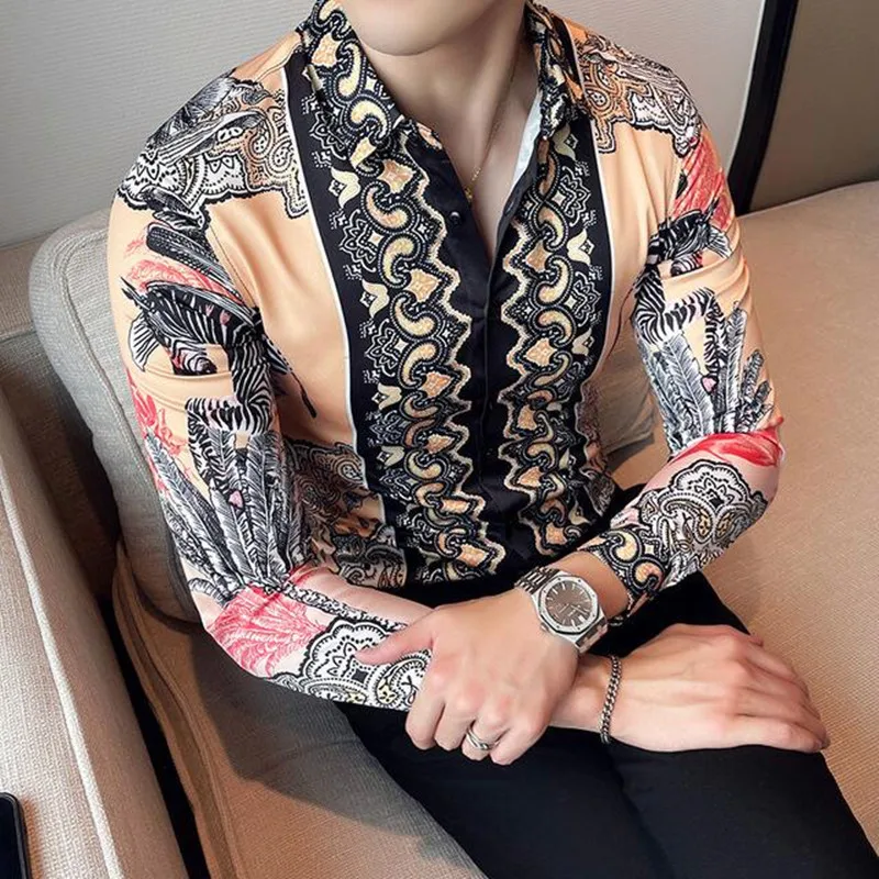 Luxury Vintage Printed Men\'s Shirt Long Sleeve Slim Fit Casual Business Dress Shirt Social Streetwear Party Tuxedo Blouse 4XL-M